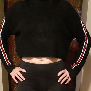 Mock Cropped Sweater with Striped Arm Design